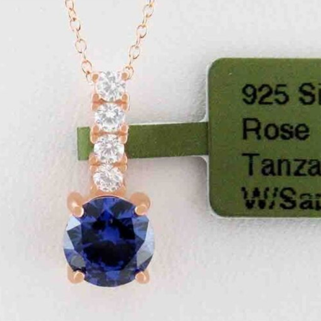 Lab Tanzanite & White Sapphire Pendant Necklace .925 Silver (Rose Tone )